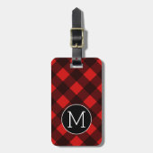 Rood Zwarte Buffalo Plaid Patroon Monogram in rust Bagagelabel (Voorkant verticaal)