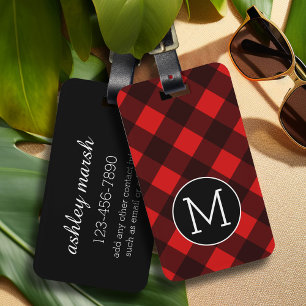 Rood Zwarte Buffalo Plaid Patroon Monogram in rust Bagagelabel