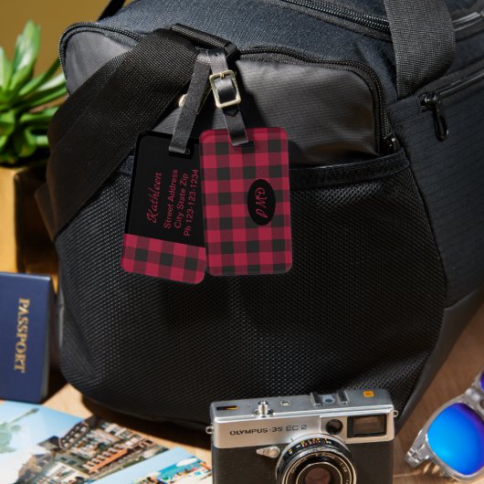 Rood zwarte buffels, geplakt Initiaal monogram che Bagagelabel (Voorkant /achterkant)