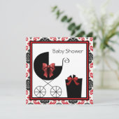 Rood-Zwarte Damast Baby Shower Uitnodigingen (Staand voorkant)