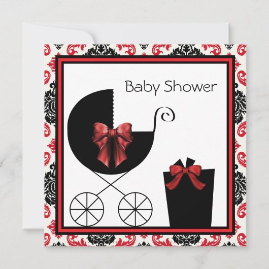 Rood-Zwarte Damast Baby Shower Uitnodigingen (Voorkant)