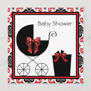 Rood-Zwarte Damast Baby Shower Uitnodigingen