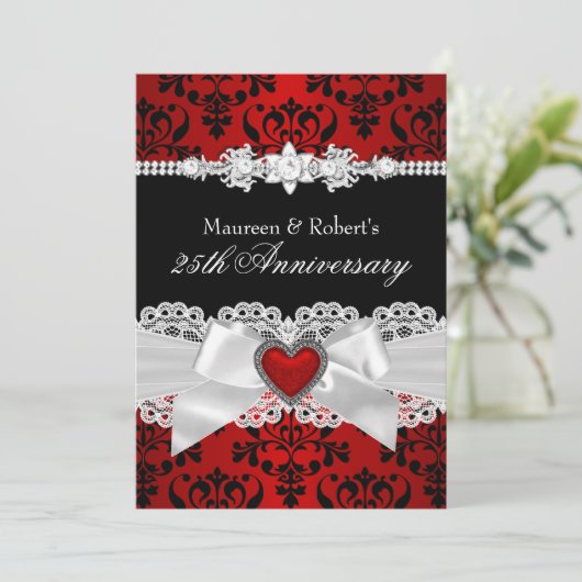 Rood Zwarte Damast Harten Strik 25e Jubileum Kaart (Staand voorkant)