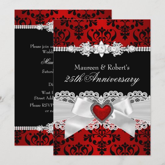 Rood Zwarte Damast Harten Strik 25e Jubileum Kaart (Voorkant / Achterkant)