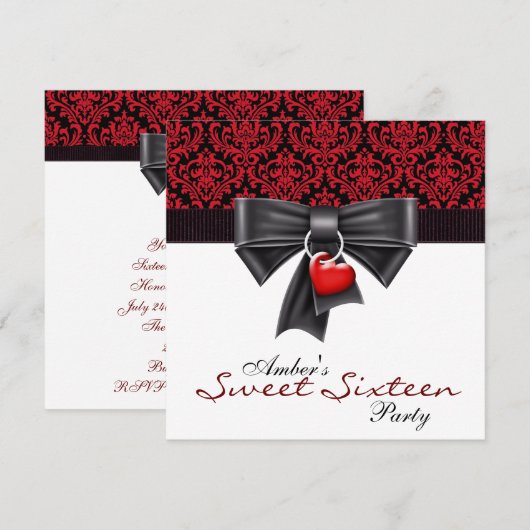 Rood Zwarte Damast Sweet 16 Verjaardagsfeestje Kaart (Voorkant / Achterkant)