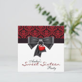 Rood Zwarte Damast Sweet 16 Verjaardagsfeestje Kaart (Staand voorkant)