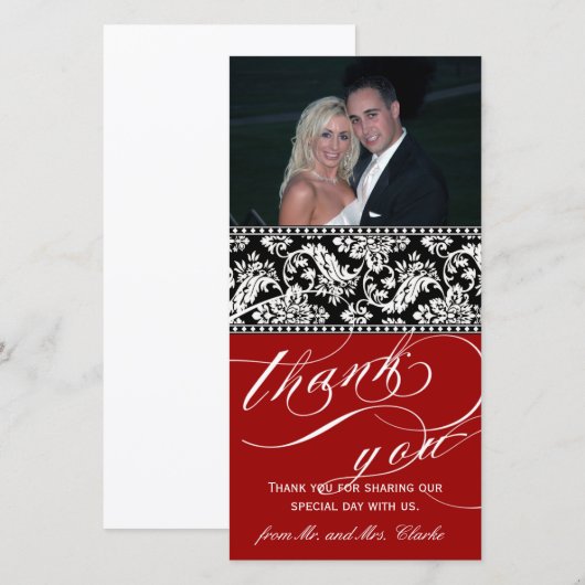 Rood Zwarte Damast Trouw Dank Je Foto Kaart (Voorkant / Achterkant)