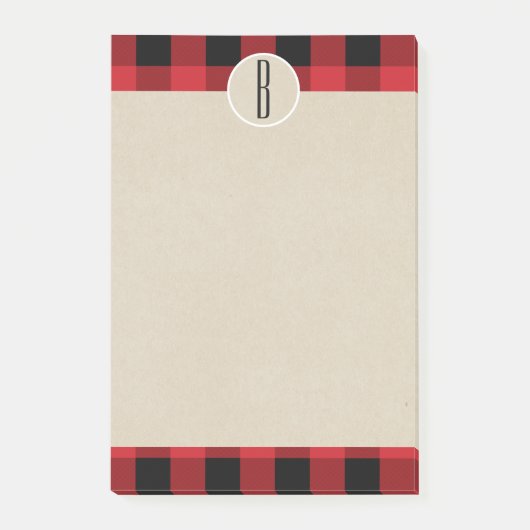Rood Zwarte Geruite Kraft Landelijke Monogram Init Post-it® Notes (Voorkant)