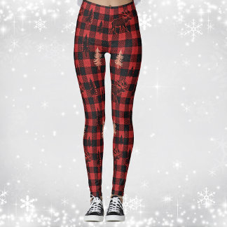 Rood Zwarte Geruite Tartan Eland Blokhut Landelijk Leggings