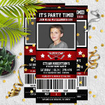 Rood/Zwarte Hockey Ticket Birthday Party Kaart<br><div class="desc">Superleuk,  hockey met je kleine superster's afbeelding aan de voorkant.</div>