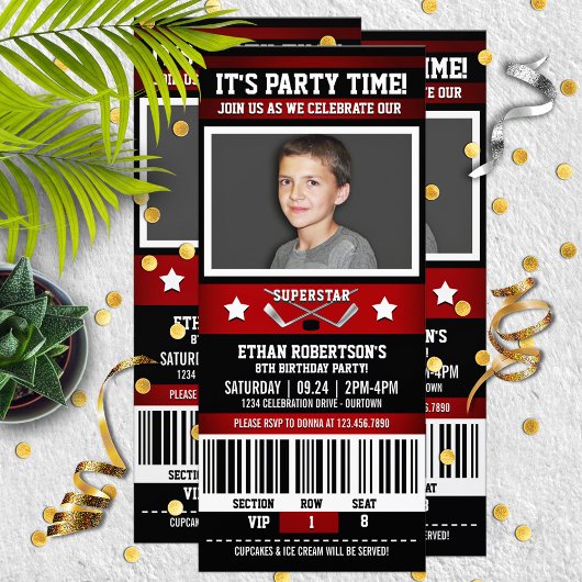 Rood/Zwarte Hockey Ticket Birthday Party Kaart