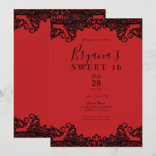 Rood & Zwarte Kant Maskerade Sweet 16 Kaart