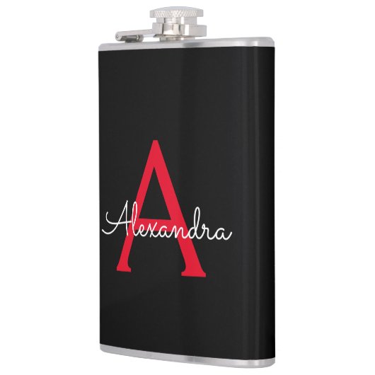 Rood Zwarte Script Meisjesnaam Monogram Heupfles (Links)