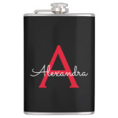 Rood Zwarte Script Meisjesnaam Monogram Heupfles (Voorkant)