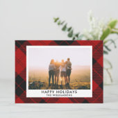 Rood Zwarte Tartan Aangepaste Naam Foto Bericht Feestdagenkaart (Staand voorkant)