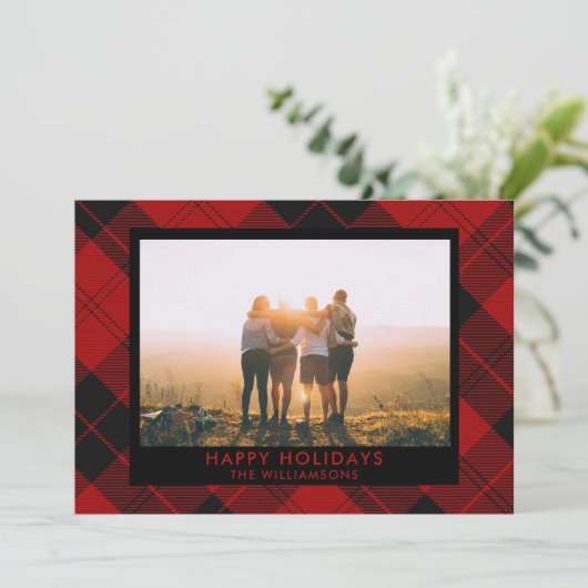 Rood Zwarte Tartan Aangepaste Naam Foto Bericht Feestdagenkaart (Staand voorkant)