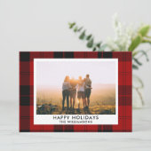 Rood Zwarte Tartan Aangepaste Naam Foto Bericht Feestdagenkaart (Staand voorkant)