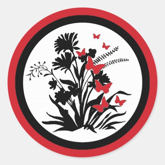 Rood zwarte witte bloemflesschotel ronde sticker (Voorkant)