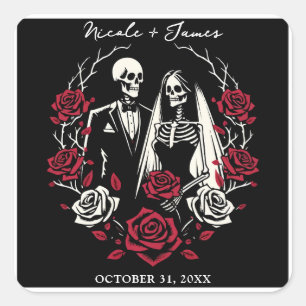 Rood & Zwarte Witte Rozen Skelet Koppel Trouwdag Vierkante Sticker