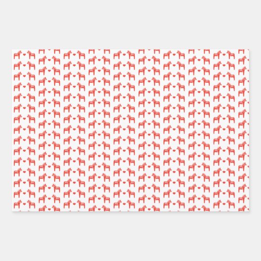 Rood Zweeds Dala Paard met Harten Holiday Inpakpapier Vel (Voorkant)