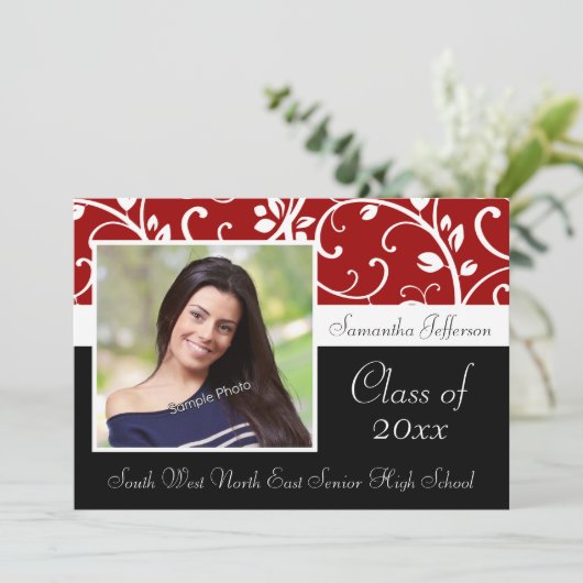 Rood Zwirly Vines Foto Afstuderen Aankondiging (Staand voorkant)