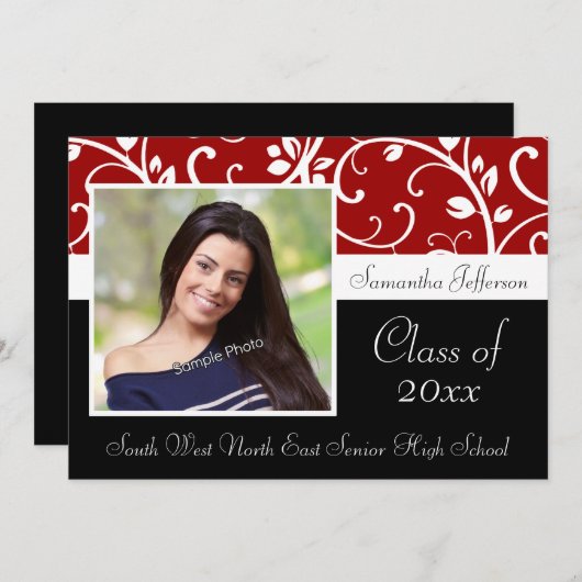 Rood Zwirly Vines Foto Afstuderen Aankondiging (Voorkant / Achterkant)