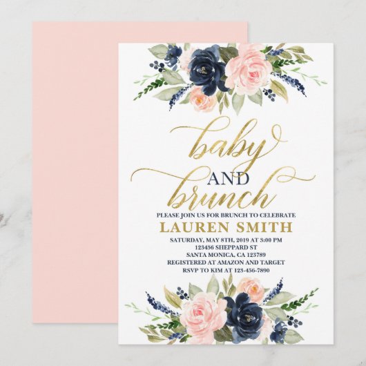 Roodachtig blauwe baby shower uitnodiging, brunch  kaart (Voorkant / Achterkant)