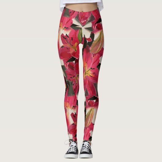 Roodachtige roze bloemen groene bladeren witte ach leggings (Voorkant)