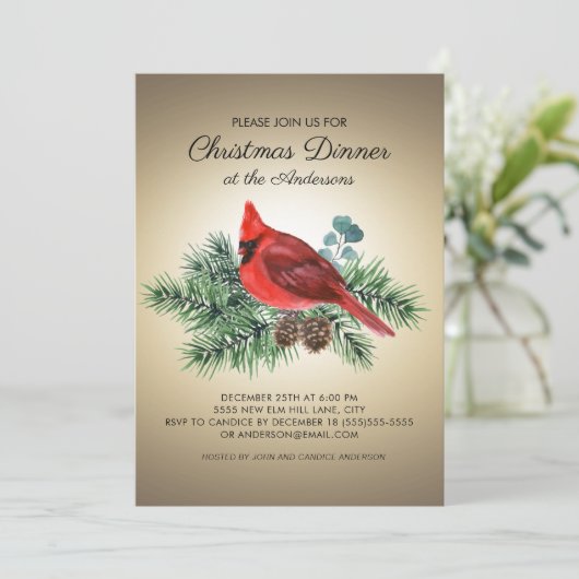 Roodbaard Kardinaal Pine Branches Kerstdiner Kaart (Staand voorkant)