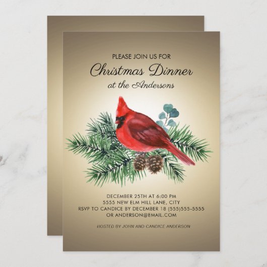 Roodbaard Kardinaal Pine Branches Kerstdiner Kaart (Voorkant / Achterkant)