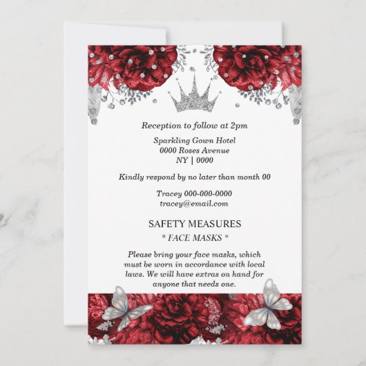 Roodbaardblauw roos quinceanera kaart (Achterkant)