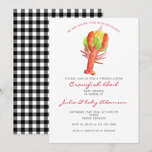 Roodbaars Boil Cajun Buffalo Plaid Baby shower Kaart (Voorkant / Achterkant)