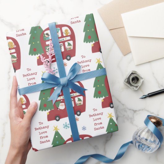 Roodbaars Bus Child Name Love Santa KerstKerstmis Cadeaupapier (Geschenken)