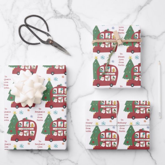 Roodbaars Bus Child Name Love Santa KerstKerstmis Inpakpapier Vel (Voorkant)