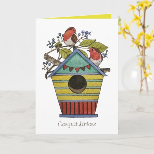 roodbaars met bosbessen en vogelkunst kaart (Gele Bloem)