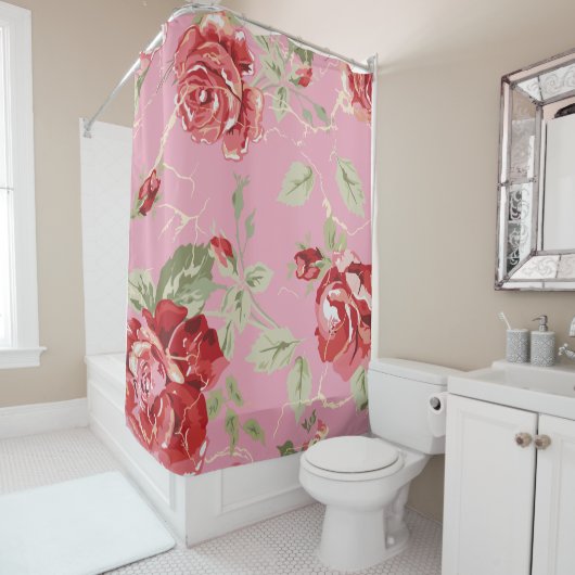 Roodbaarzen rode roodroos douchegordijn (In situ)