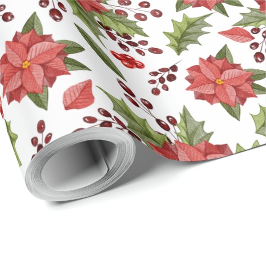 Roodbloem groen blad met kerstblad Wrap Cadeaupapier (Rol Hoek)