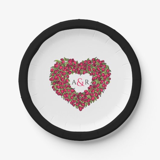 Roodbloemetjestulpje bouquet monogram papieren bordje (Voorkant)