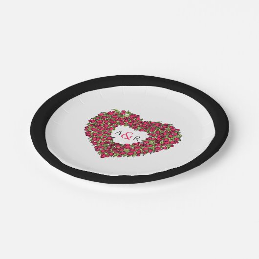 Roodbloemetjestulpje bouquet monogram papieren bordje (Gekanteld)