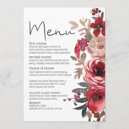 Roodbloesse Rozen Romantische bruiloft Menu (Voorkant)