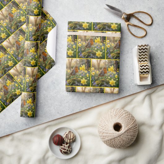 Roodborst die in een Narcis zingt Cadeaupapier (Crafts)