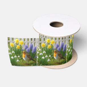 Roodborst in een lentetuin satijnen lint