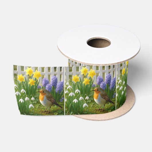 Roodborst in een lentetuin satijnen lint (Spoel)