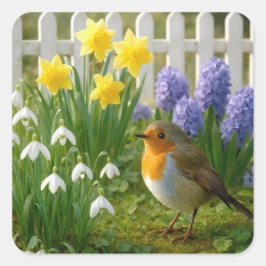 Roodborst in een lentetuin vierkante sticker