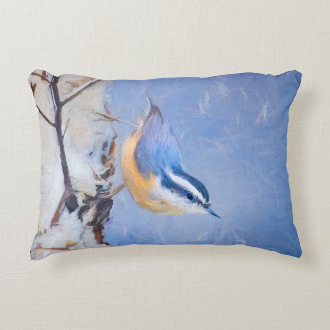 Roodborst Nuthatch schilderij Originele Vogelkunst Accent Kussen (Voorkant)