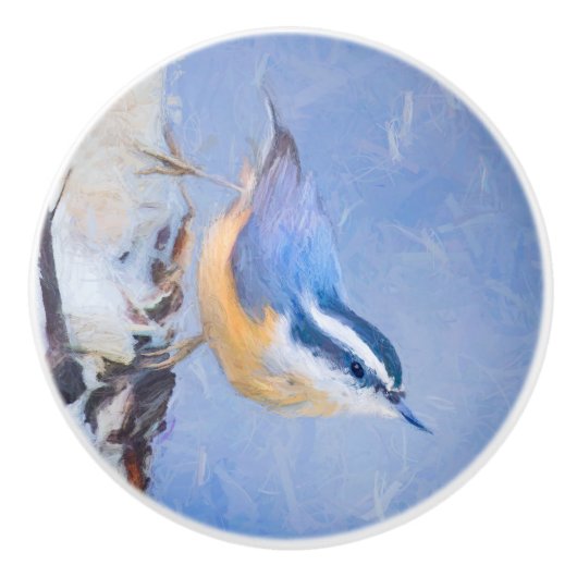 Roodborst Nuthatch schilderij Originele Vogelkunst Keramische Knop (Voorkant)