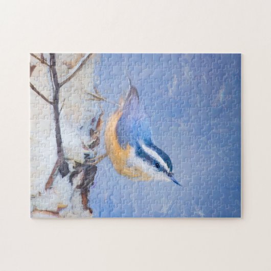 Roodborst Nuthatch schilderij Originele Vogelkunst Legpuzzel (Horizontaal)