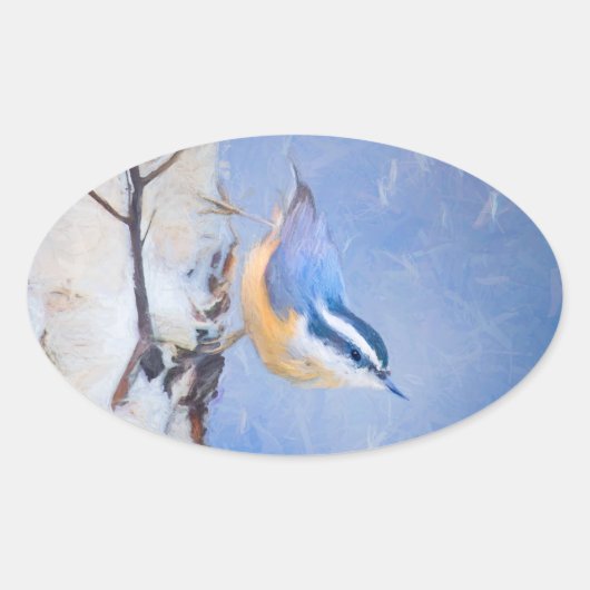 Roodborst Nuthatch schilderij Originele Vogelkunst Ovale Sticker (Voorkant)