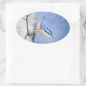 Roodborst Nuthatch schilderij Originele Vogelkunst Ovale Sticker (Tas)