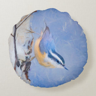 Roodborst Nuthatch schilderij Originele Vogelkunst Rond Kussen